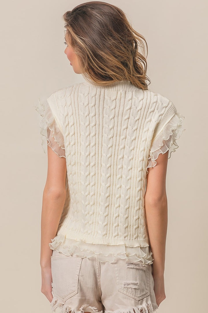 BiBi Layered Pleat Chiffon Edge Cable Knit Top