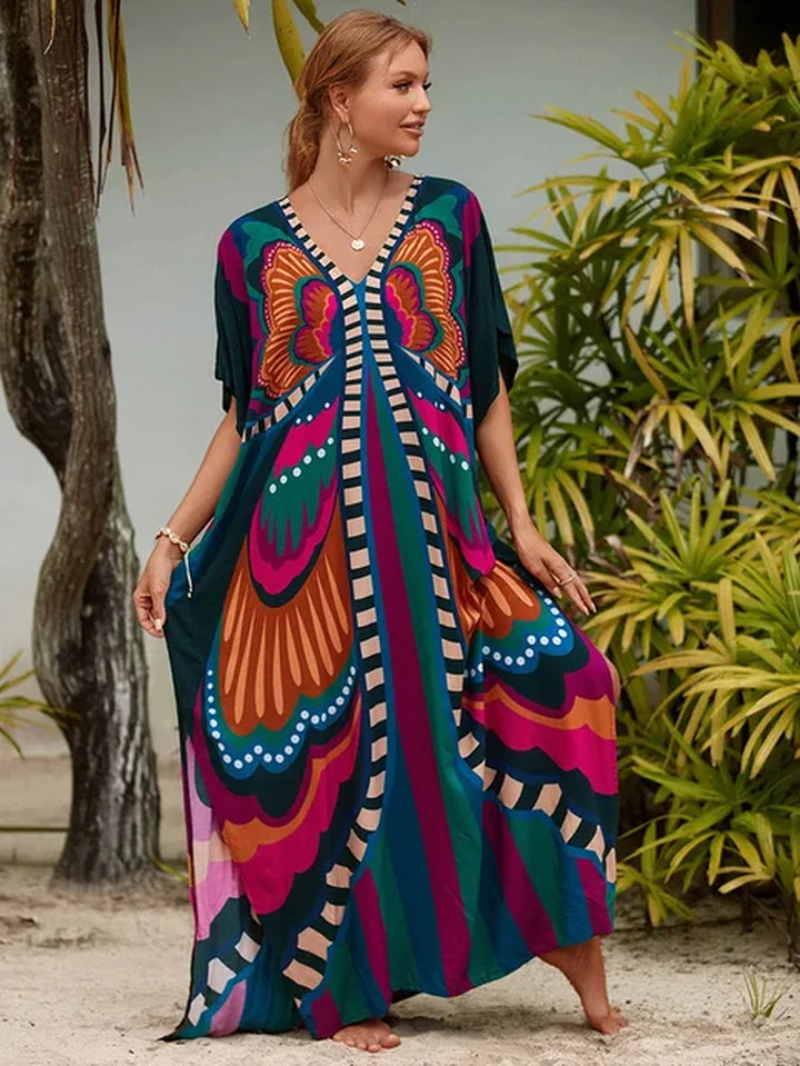 New Cover-Up Bohemian Dress Print Multicolor Beach Style Kaftan Swimsuit Cover up Maxi Dress Robe De Plage 2024 Tunic for Beach