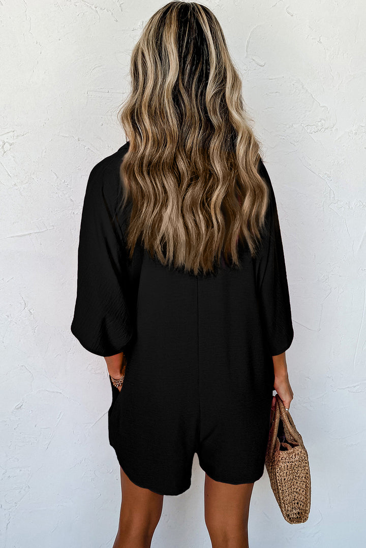 Black Half Button Collared Loose Romper