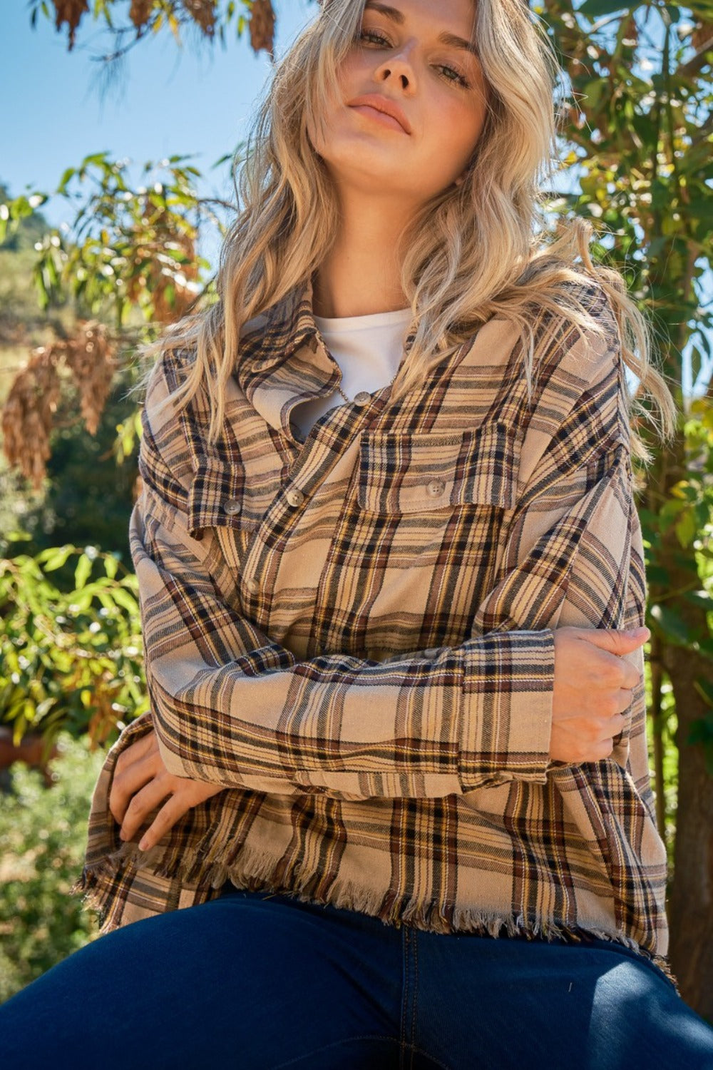 Raw Hem Plaid Button Up Shirt