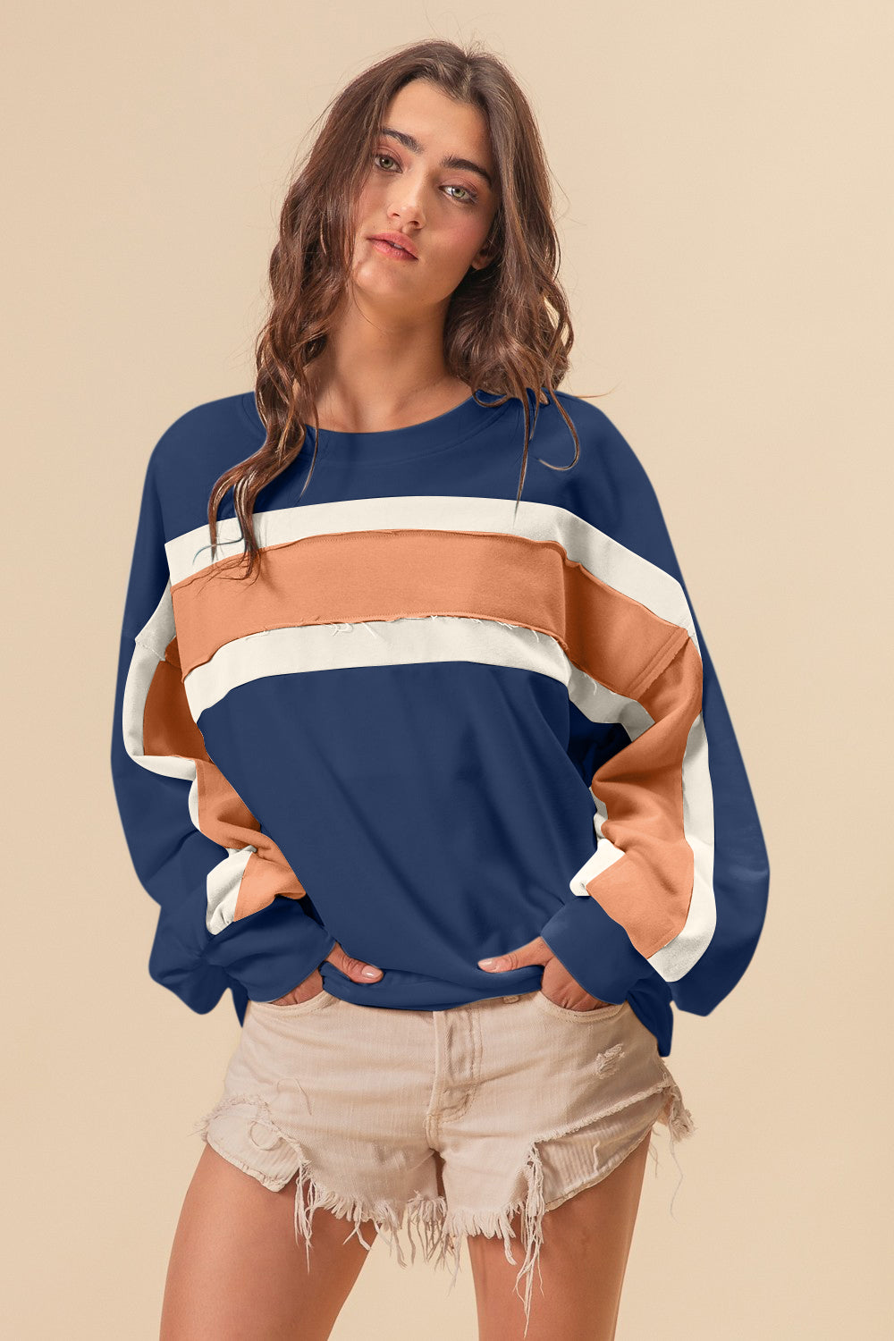 BiBi French Terry Color Block Cut Edge Detail Sweatshirt