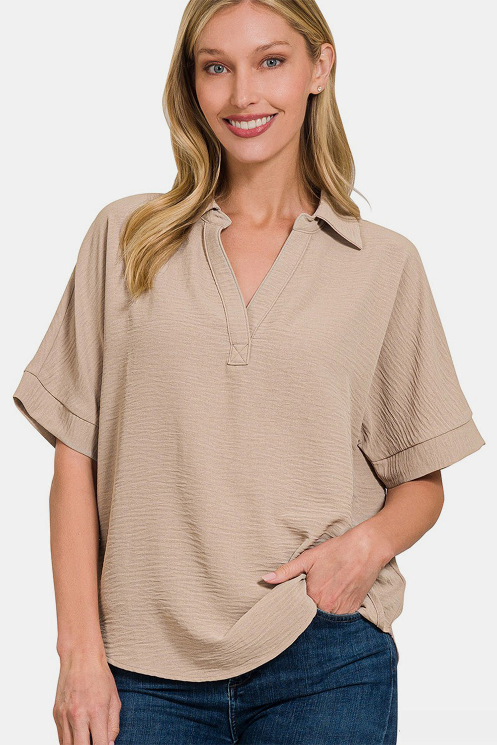 Textured Collared Neck Short Sleeve Top