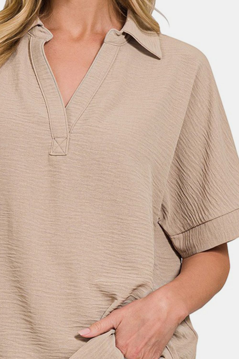 Textured Collared Neck Short Sleeve Top