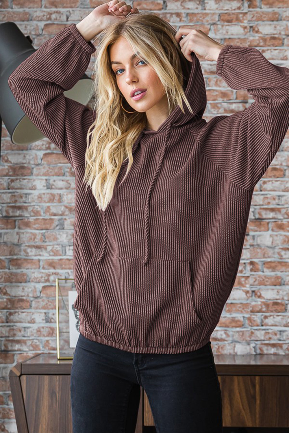 Ribbed long sleeve brown hoodie front