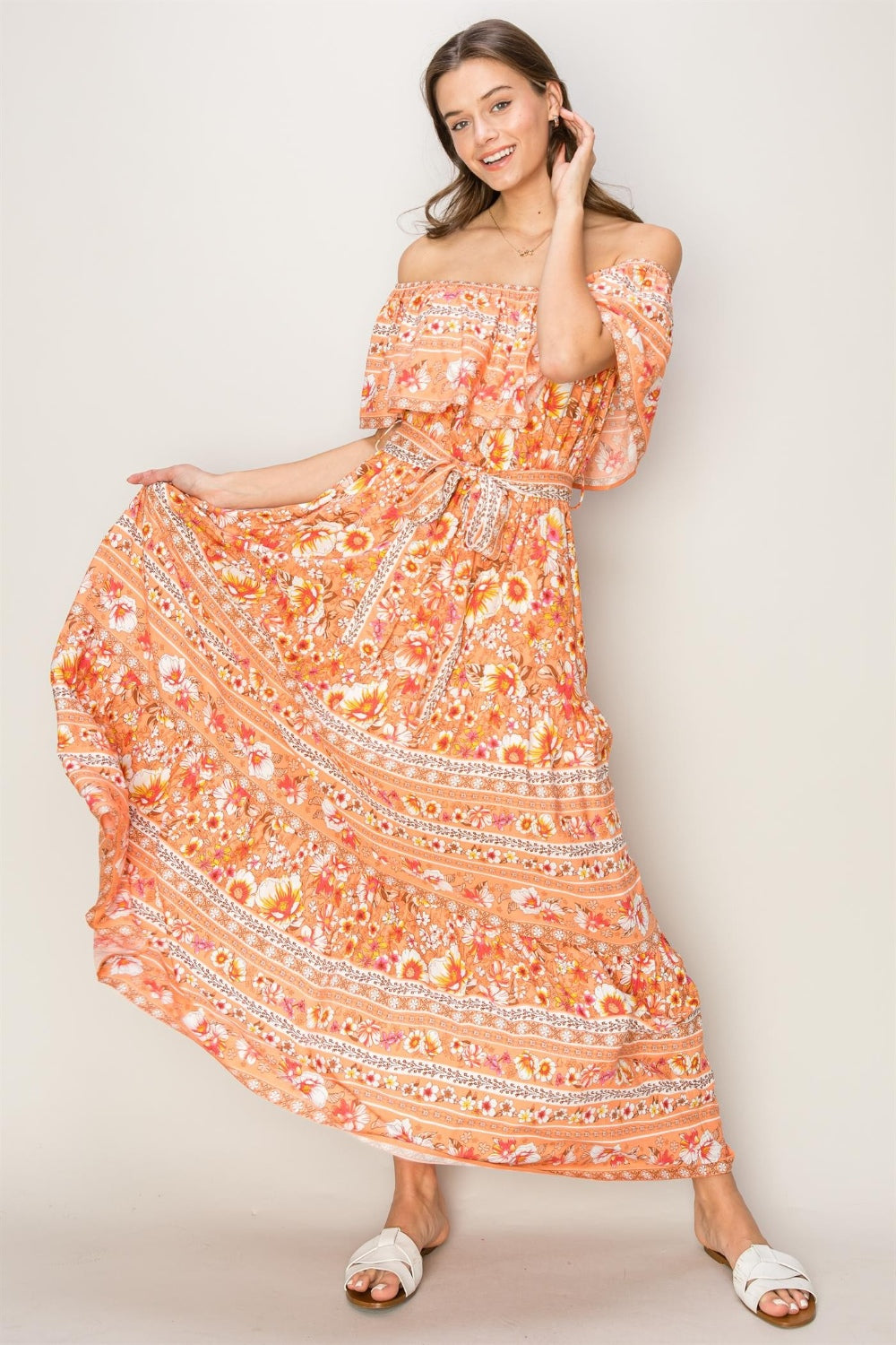 Floral Off-Shoulder Tie Front Maxi Dress