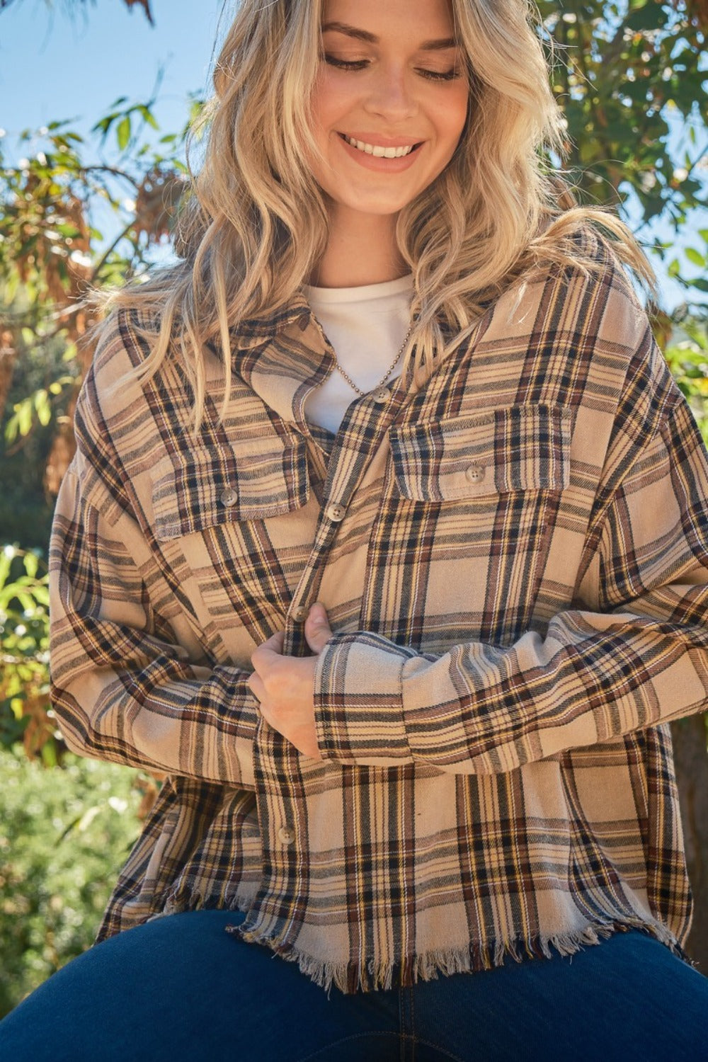 Raw Hem Plaid Button Up Shirt