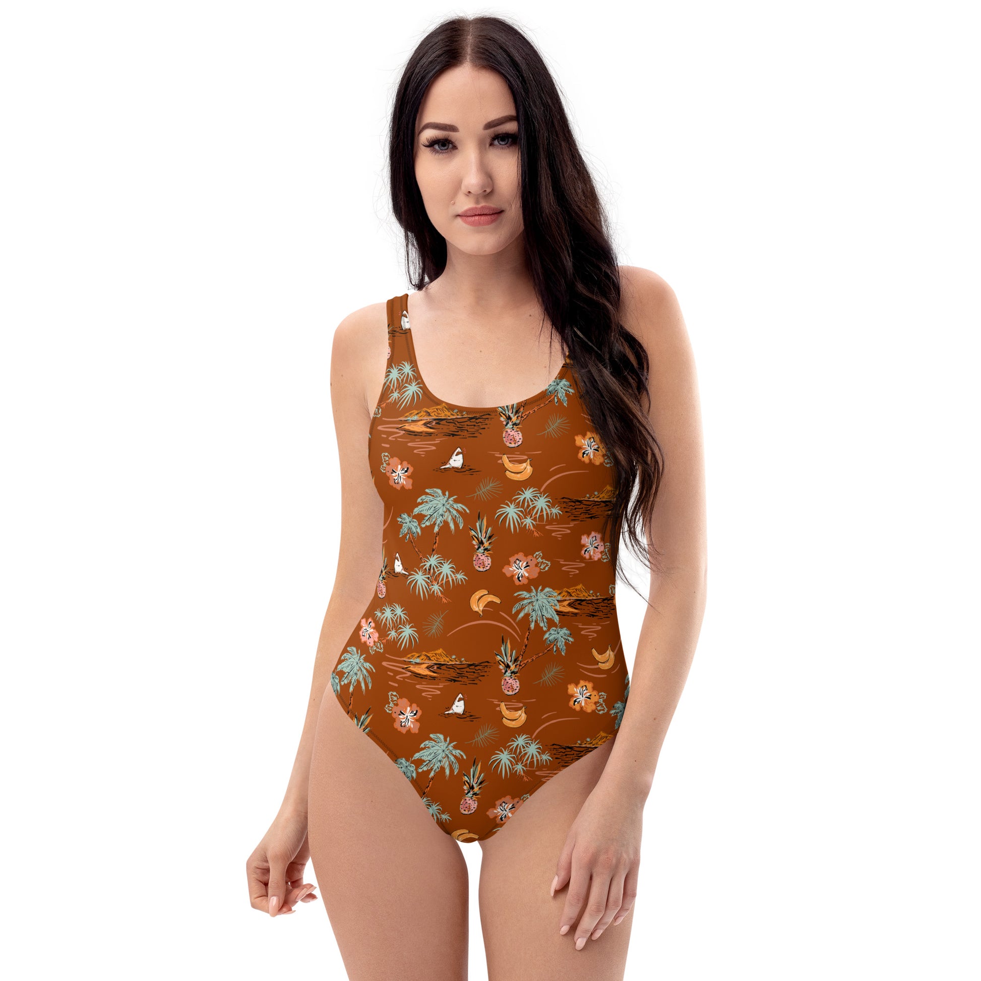 Retro Tropical One-Piece Swimsuit – Vintage Hawaiian Island Print Bathing Suit