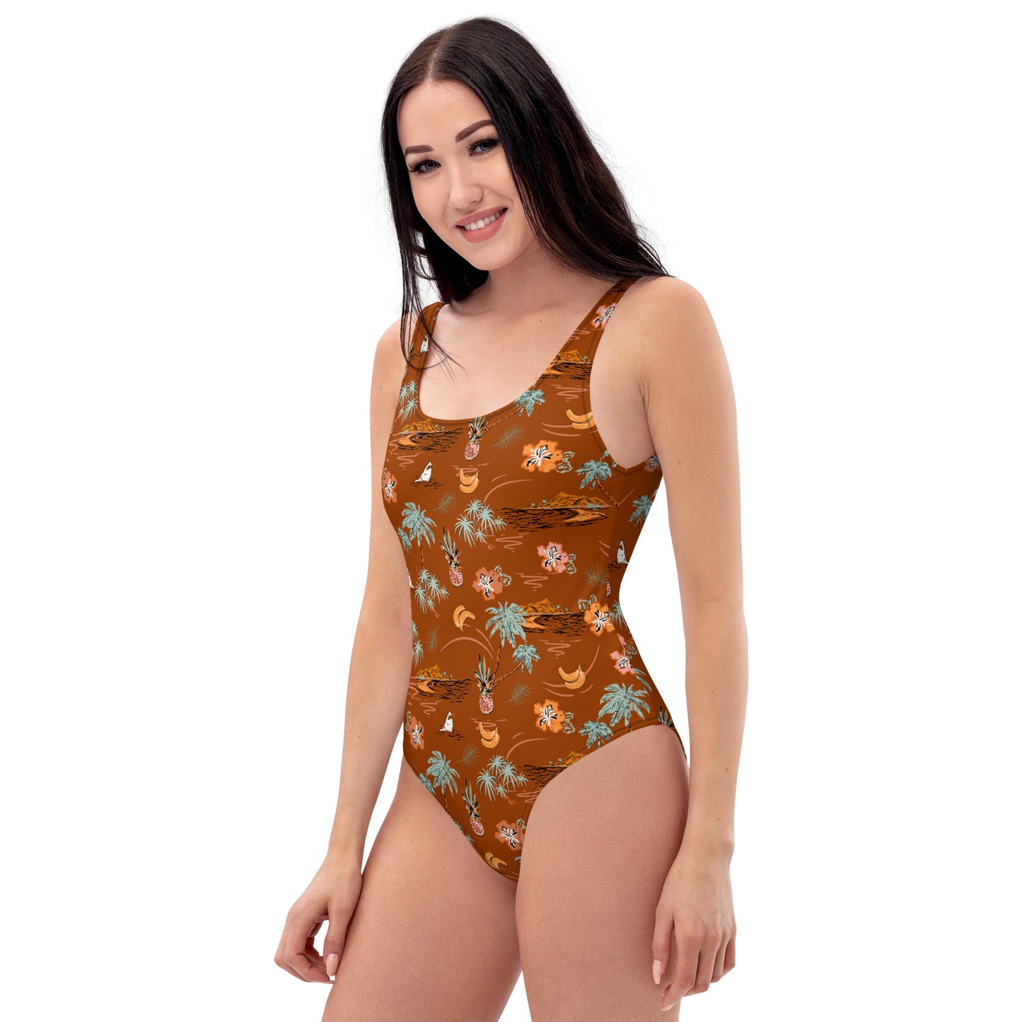 Retro Tropical One-Piece Swimsuit – Vintage Hawaiian Island Print Bathing Suit