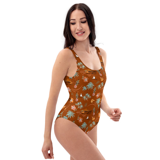 Retro Tropical One-Piece Swimsuit – Vintage Hawaiian Island Print Bathing Suit