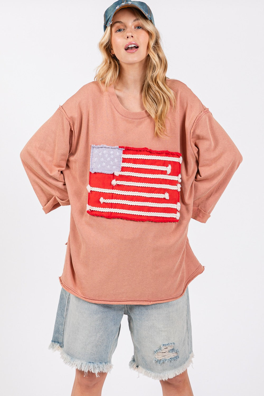 SAGE + FIG Full Size American Flag Patch Drop Shoulder T-Shirt