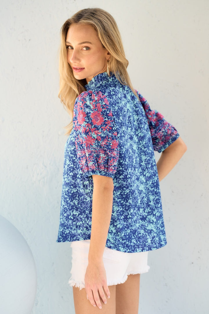 Hailey & Co Embroidered Puff Sleeve Printed Blouse