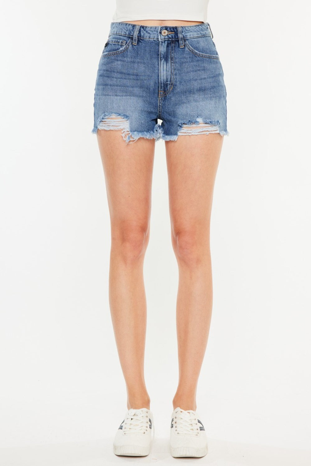 Distressed denim shorts front close up 