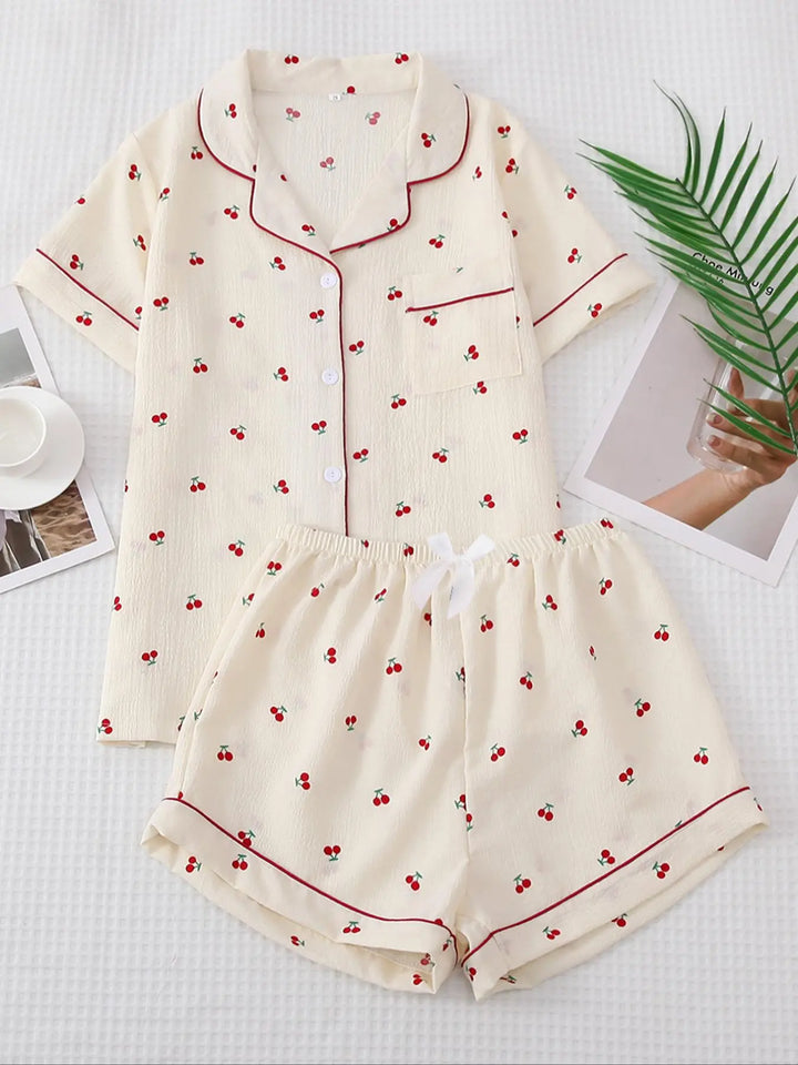 Women'S 2Pcs All over Print Lapel Shirt & Elastic Waist Shorts Pyjama Set, Button Front Short Sleeve Top & Bow Decor Shorts PJ Set, Summer Sleepwear Set for Women, Homewear Clothes